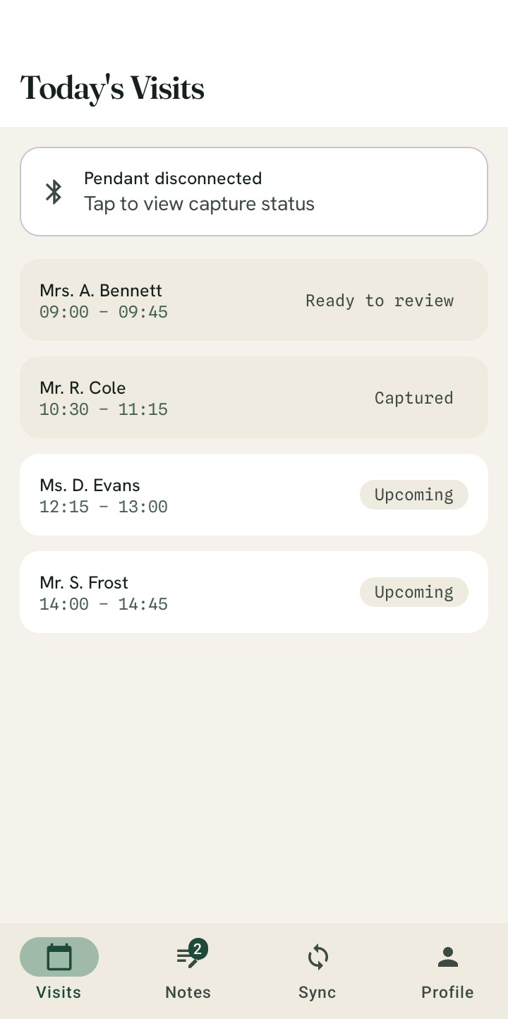 The VeriTrend carer app showing today's visits, each marked upcoming, captured or ready to review, with the pendant's connection status