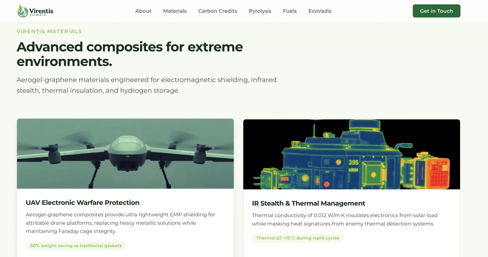 Virentis Materials product page for advanced aerogel-graphene composites, with image cards and specification highlights